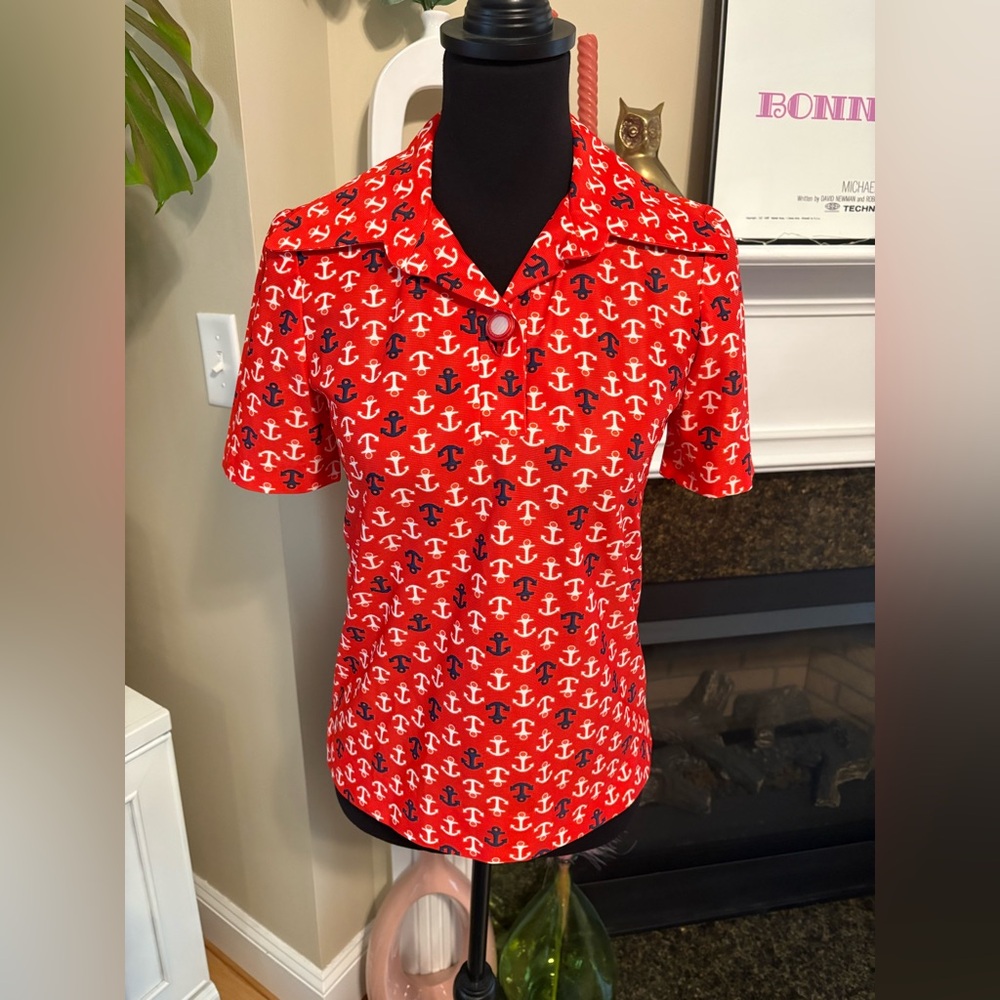 Vintage Handmade Red Anchor Print Button Down